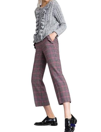 Pantalone Twinset SA82FJ Rosso in flanella jacquard check con tasche alla francese con ruches.