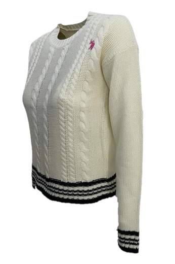 Suéter US Polo Assn. modelo W32516VA. Acanalado blanco, estampado del logotipo en la parte delantera.