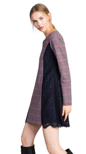 Abito Twinset SA82FF Multicolore in flanella jacquard check con fianchi e retro in pizzo macramé. Twinset SA82FF MULTICOLORE