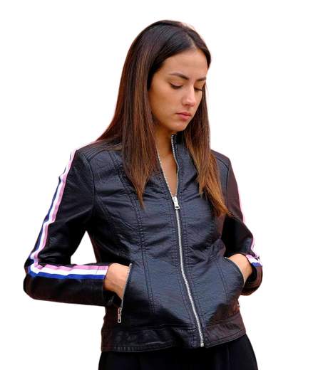 Toy G 8769 Chaqueta de piel sintética negra con rayas en las mangas