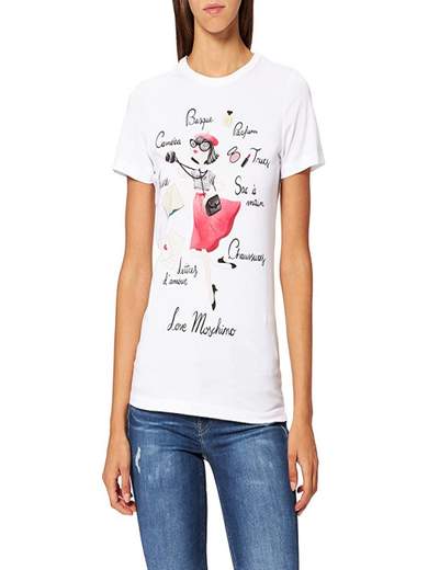 T-shirt Love Moschino W4F731RE2264 Bianco, design del brand sul fronte. Love Moschino W4F731RE2264 BIANCO