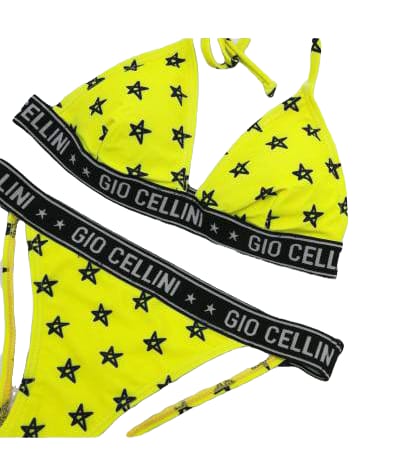 Disfraz de Gio Cellini compuesto por calzoncillos y triángulo con bandas con logo.