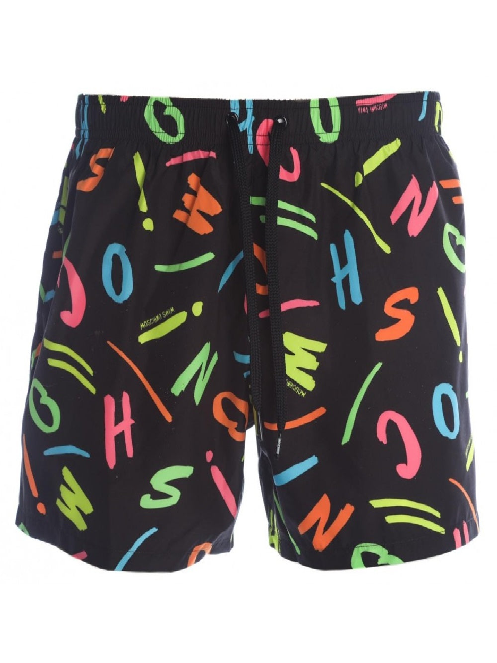 Costume da bagno boxer con logo Moschino sparso sul fondo con lettere colorate.