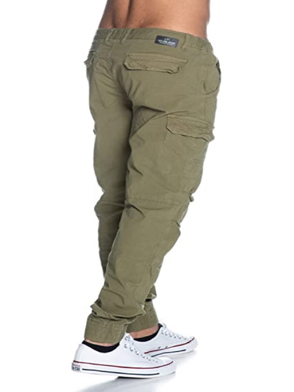 Yes Zee P667WV00 trousers in solid green, high waist, tapered leg, regular fit, buttons, multi-pockets, elasticated bottom