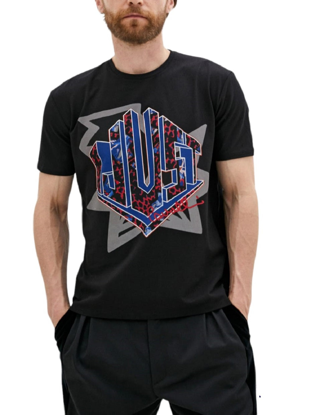 Camiseta de manga corta Just Cavalli S03GC0366, estampado de logotipo holográfico llamativo en la parte delantera