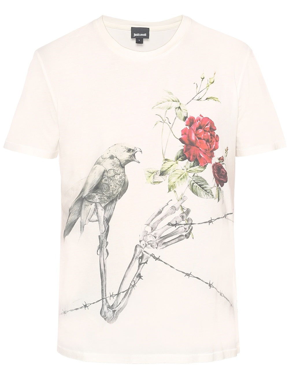 T-shirt Just Cavalli S01GC0432 a girocollo in jersey di cotone con maxi stampa corvo e rosa