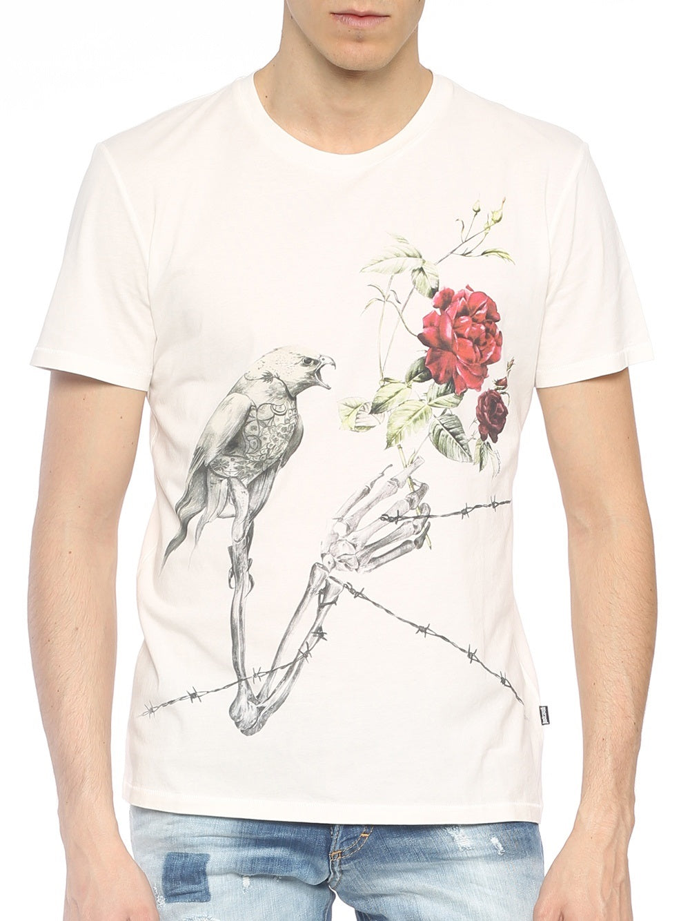 T-shirt Just Cavalli S01GC0432 a girocollo in jersey di cotone con maxi stampa corvo e rosa