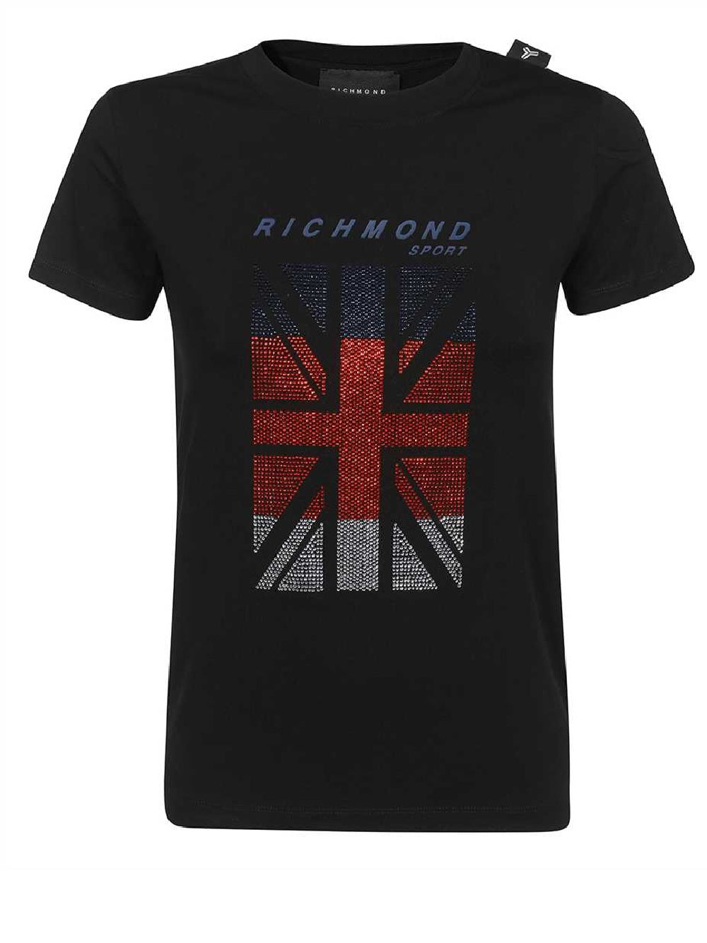 T-Shirt John Richmond modello UWP22015TS con logo blu, bianco e rosso a contrasto sul petto con brillantini.