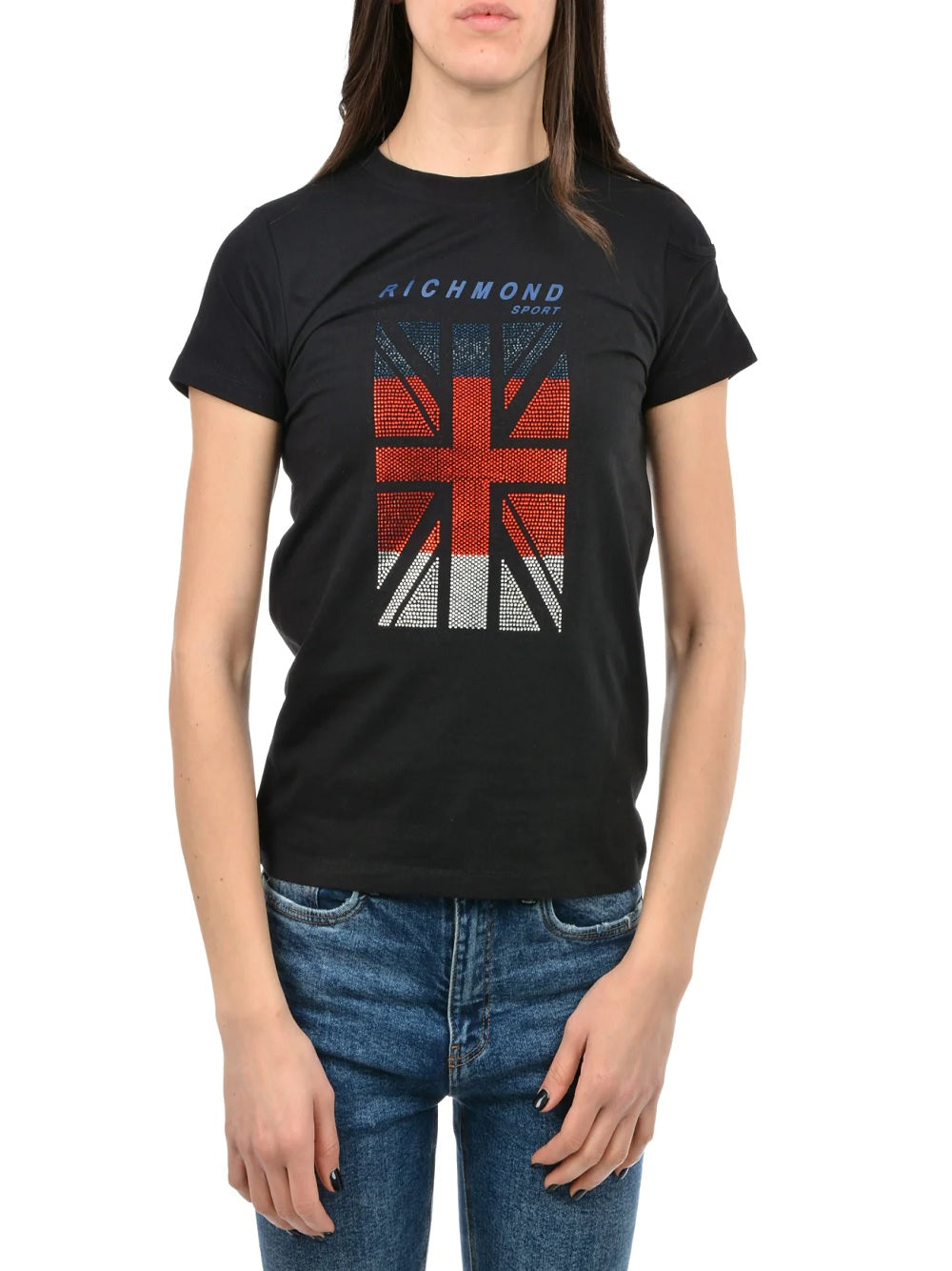 T-Shirt John Richmond modello UWP22015TS con logo blu, bianco e rosso a contrasto sul petto con brillantini.