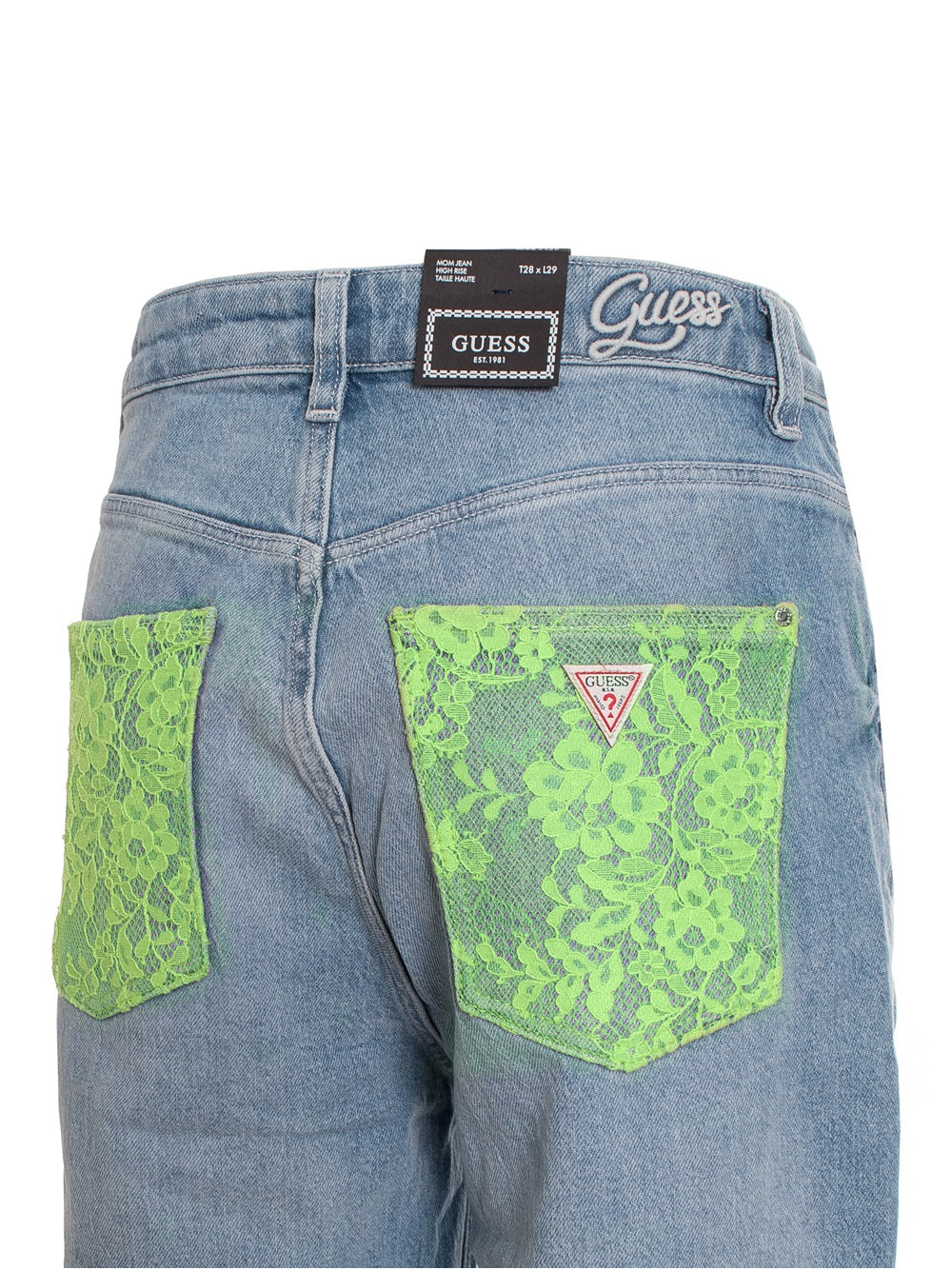 Jeans da donna Guess modello W2PA96, cinque tasche, mom fit, elasticizzato, tinta unita, con logo, chiusura bottoni