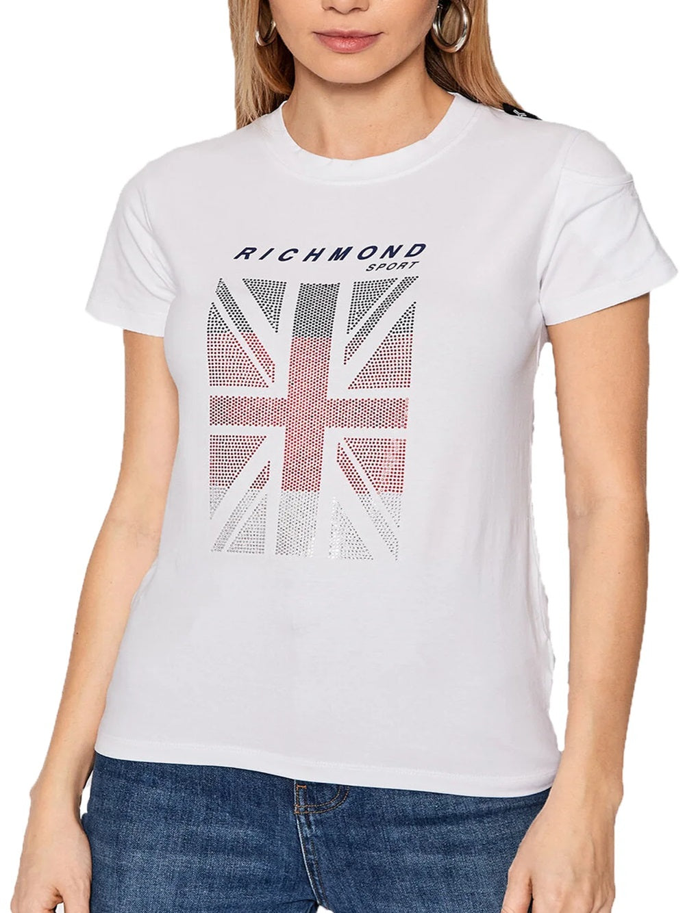 Camiseta John Richmond modelo UWP22015TS con logo en contraste azul, blanco y rojo en el pecho con purpurina.