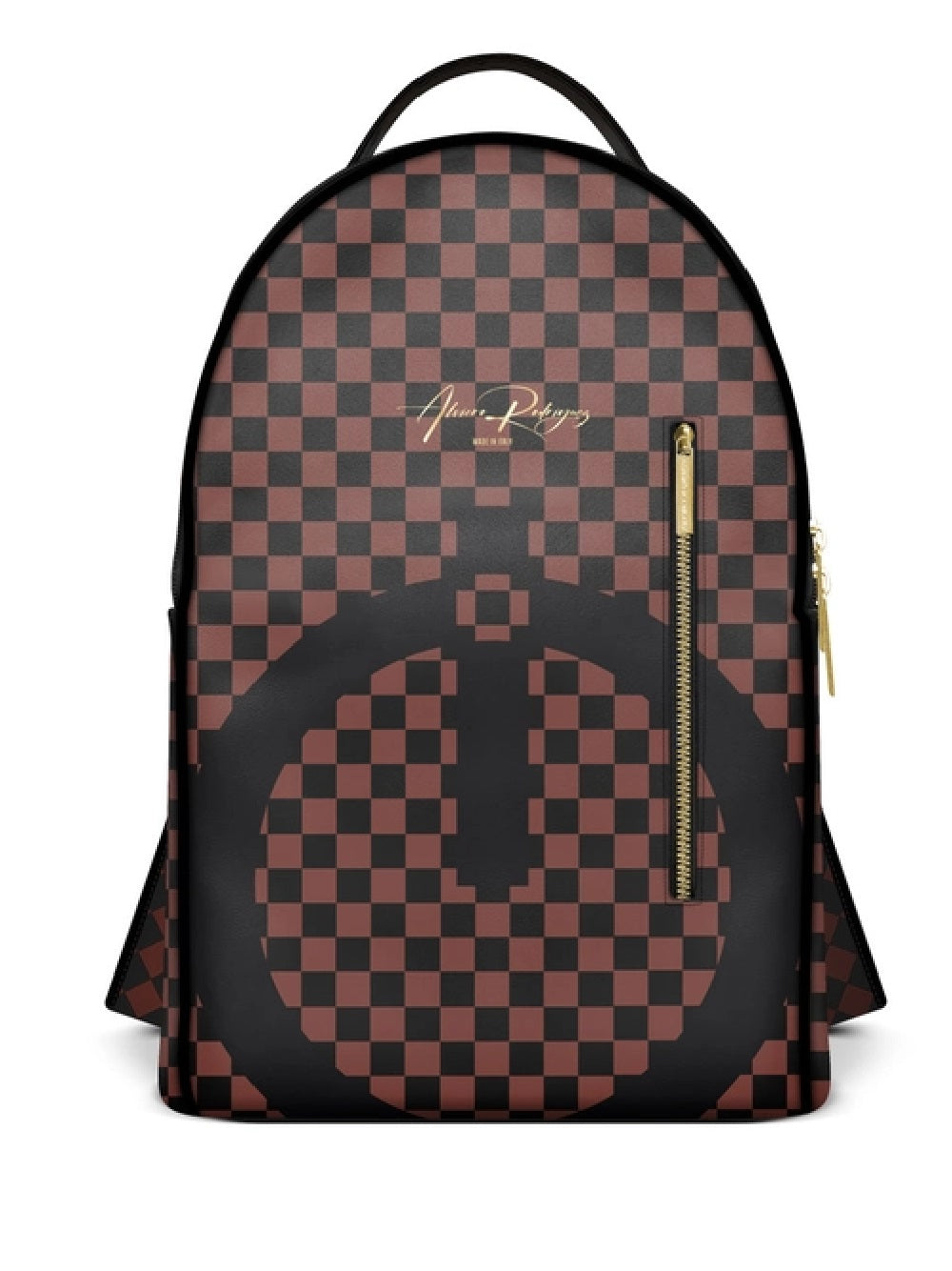 La mochila Alviero Gold Street presenta una cremallera de metal dorado tanto en la parte superior como en la parte delantera.