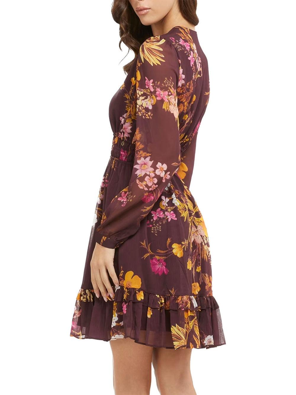 Guess women's dress model W3BK0JWDW52 with V-neck, long sleeves and multicoloured floral pattern.