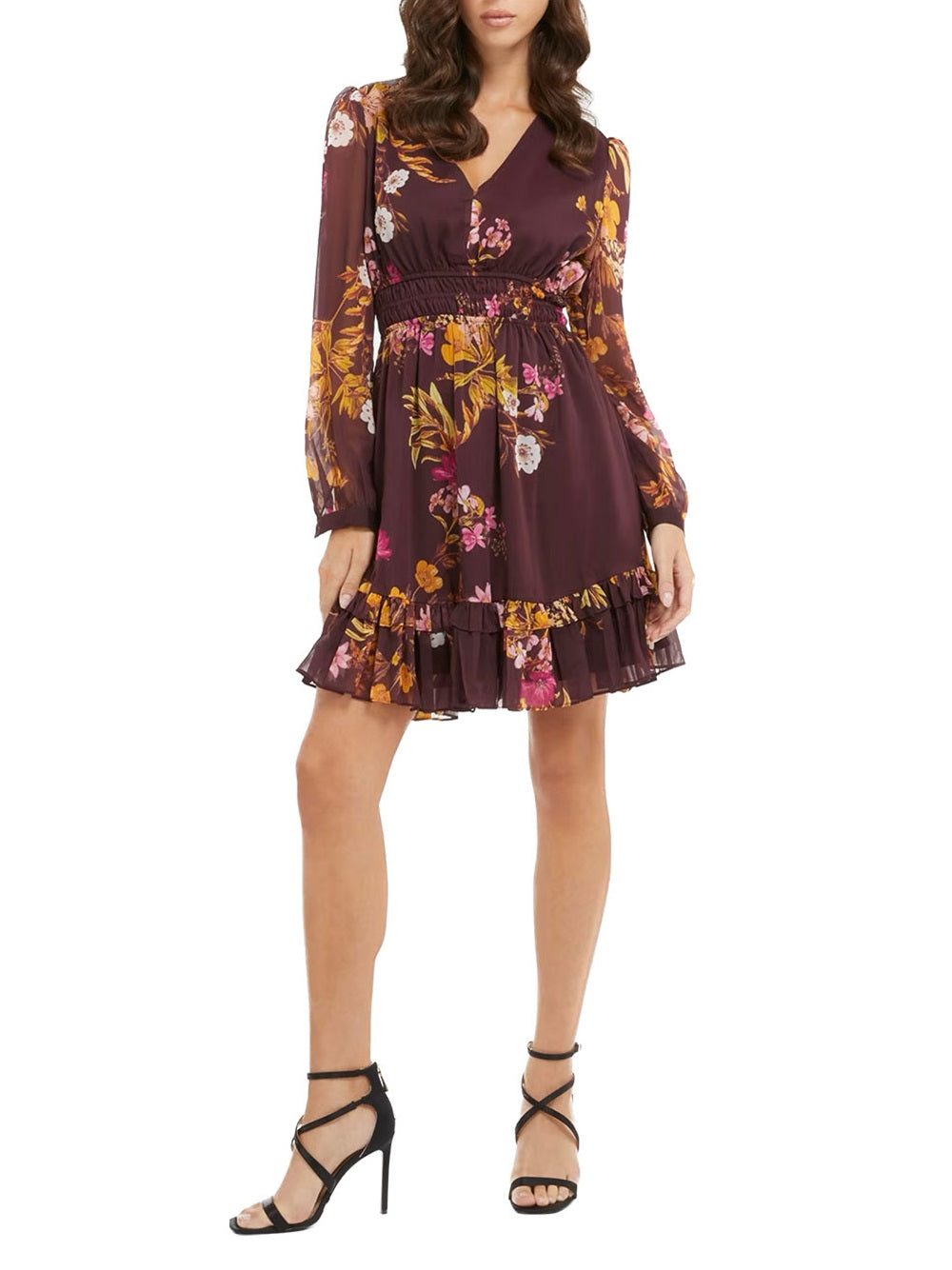Guess women's dress model W3BK0JWDW52 with V-neck, long sleeves and multicoloured floral pattern.