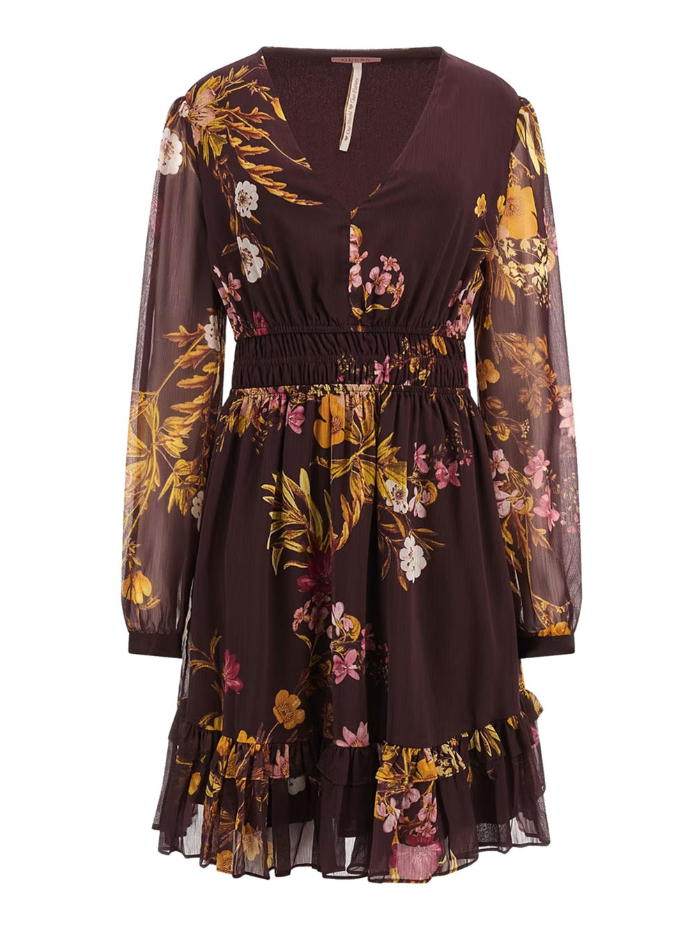 Guess women's dress model W3BK0JWDW52 with V-neck, long sleeves and multicoloured floral pattern.