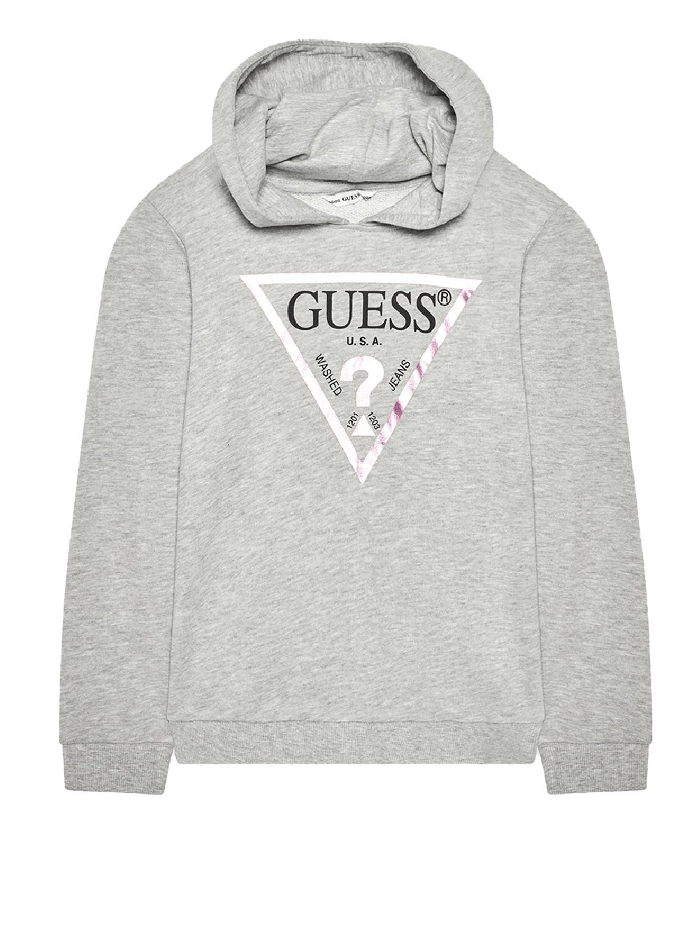 Sudadera Guess para niña modelo J83Q14KAUG0 con capucha, manga larga y logo estampado.