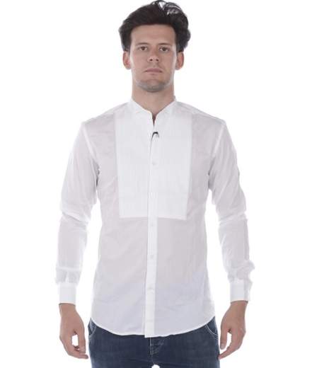 Camicia Daniele Alessandrini modello C6552R6354002 con pettorina in plisse, colore bianco