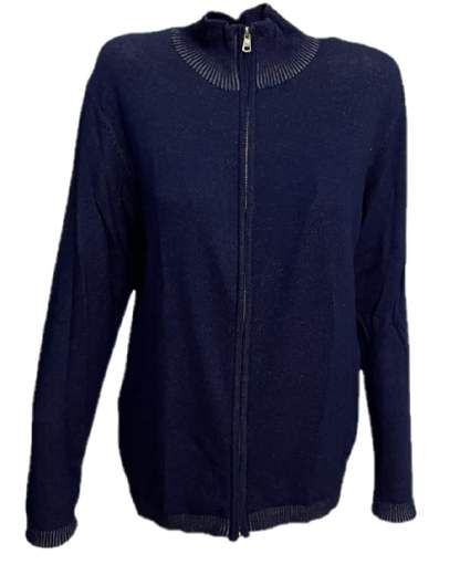 Cardigan Gaudì 921BU53003 Blu con zip di chiusura a doppio cursore e targhetta logata sul fondo del lato sinistro.