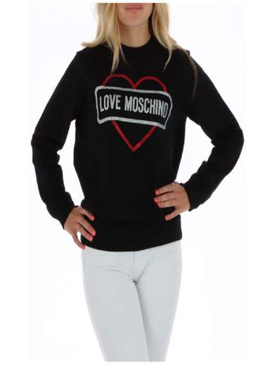 Felpa Love Moschino modello W630621E4088, di colore nero, taglia italiana, con colletto, polsini e vita a costine elastiche, cuore rosso con effetto glitter e marchio grigio sul petto.