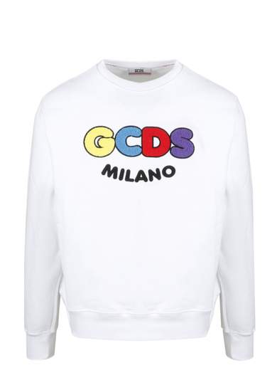 Felpa di GCDS SS21M020600 Bianco, con logo multicolor in terry stitch