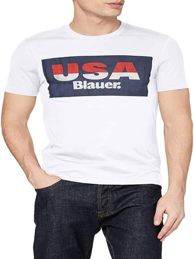 T-Shirt Blauer 20SBLUH02158 004547 Stampa USA con logo a contrasto
