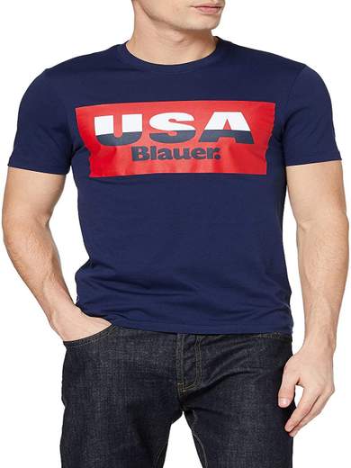 T-Shirt Blauer 20SBLUH02158 004547 a maniche corte scollatura a girocollo. Tessuto stretch, stampa USA logo a contrasto