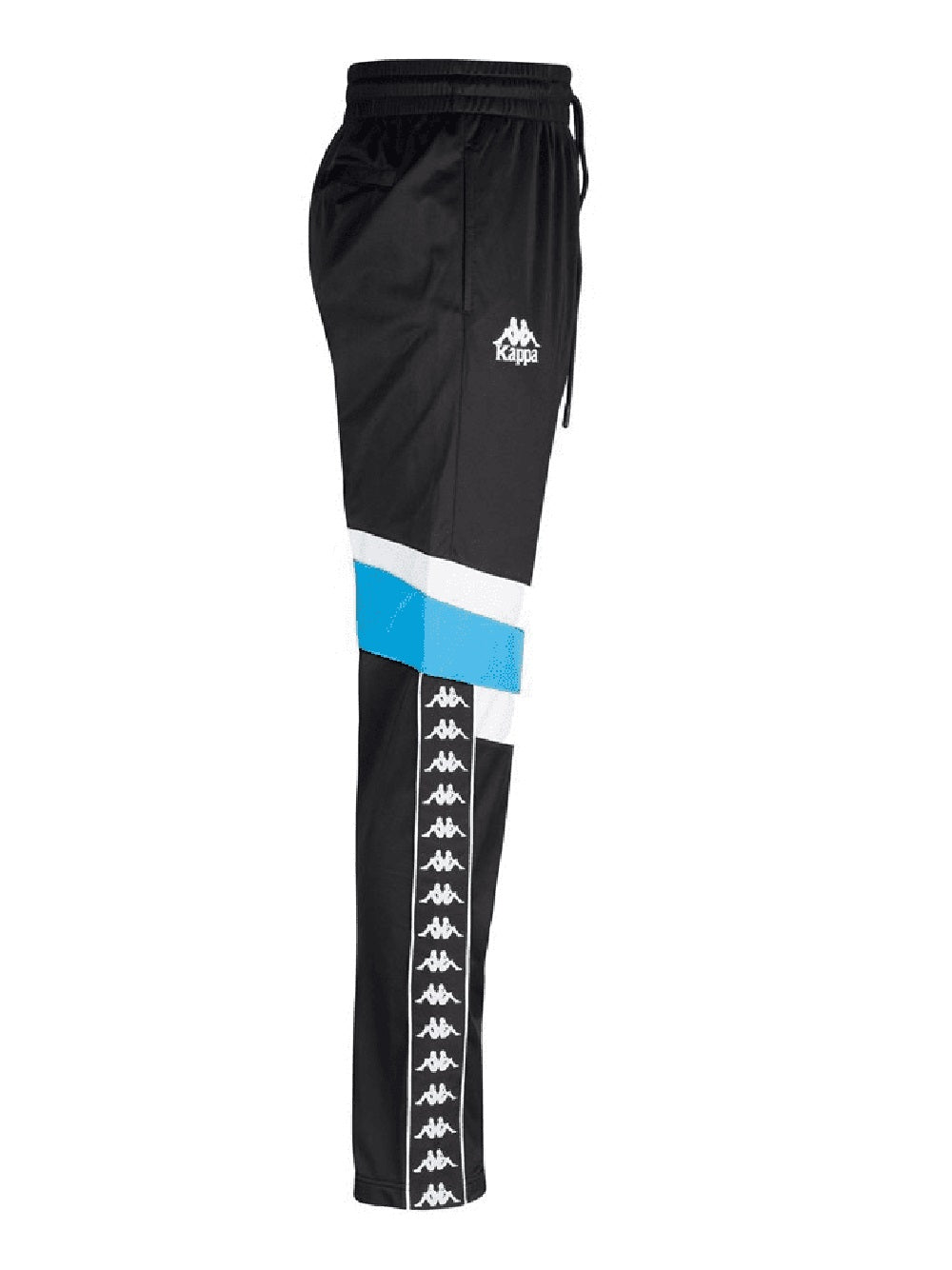 Pantalone Kappa con tasche laterali, tasca posteriore con zip, vita elasticizzata con coulisse interna, banda Omini jacquard con profili applicata sui lati.