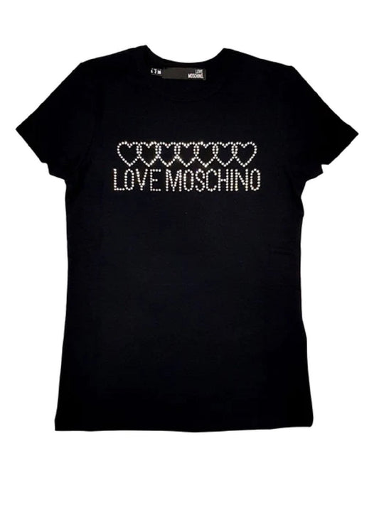 T-Shirt Love Moschino W4F731QE1951presenta dei brillantini applicati a formare il lettering del brand e dei cuori incrociati