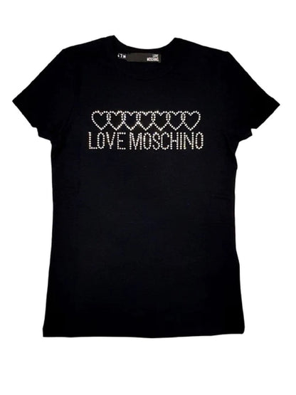 La camiseta Love Moschino W4F731QE1951 presenta purpurina aplicada para formar las letras de la marca y corazones cruzados.