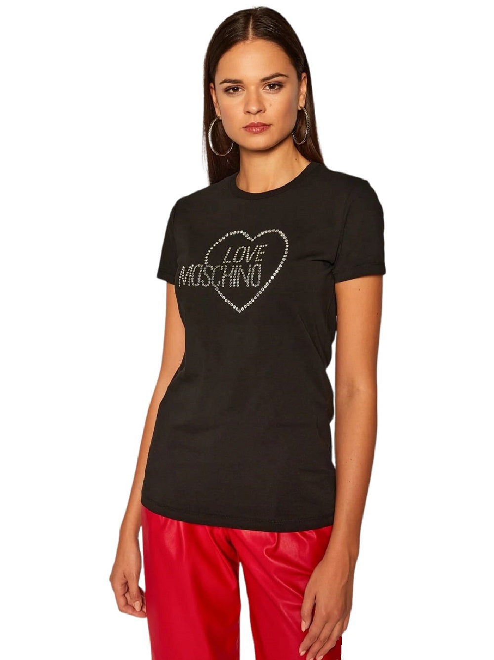 T-Shirt Love Moschino W4F731HE1951 realizzata interamente in cotone. Frontalmente la T-Shirt presenta dei brillantini applicati a formare il lettering del brand e cuore incorniciato.