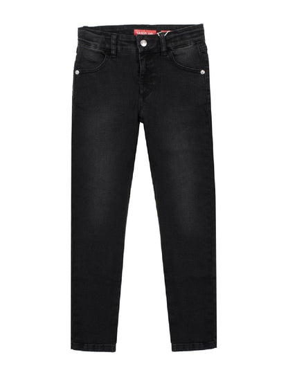 Vaqueros Guess J1BAA0 de cuatro bolsillos, color liso, con cierre de cremallera y botones con logo.