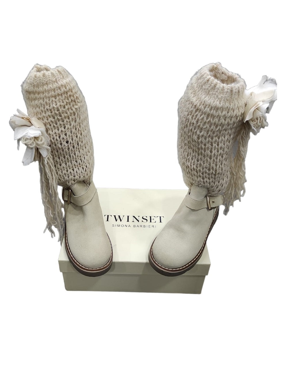 Stivale Twinset modello HA58BA basso beige in camoscio con collo in maglia