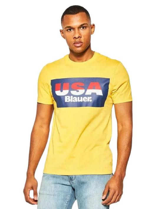 T-Shirt Blauer 20SBLUH02158 004547 Giallo Stampa USA logo a contrasto