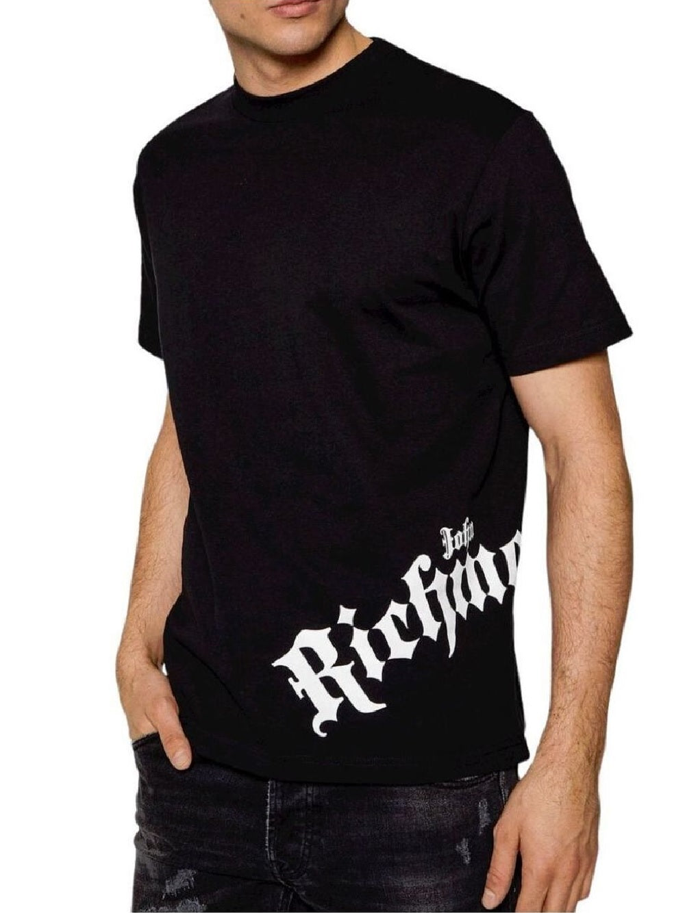 T-shirt JOHN RICHMOND nero con stampa sul fianco e logo piccolo sul retro