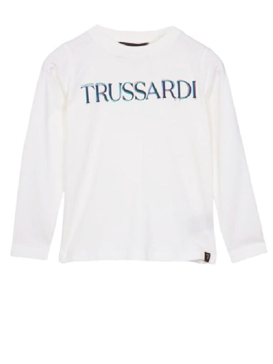 T-shirt bianca Trussardi Kids modello TBA22129TS, stampa con logo sul petto, scollo rotondo, maniche lunghe e polsini a coste.