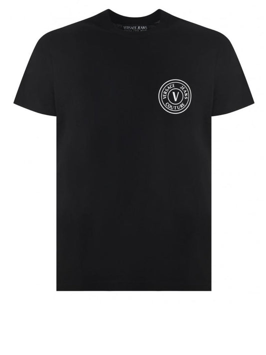 T-shirt Versace Jeans Couture modello 74GAHT06 decorata esclusivamente da logo circolare con lettering