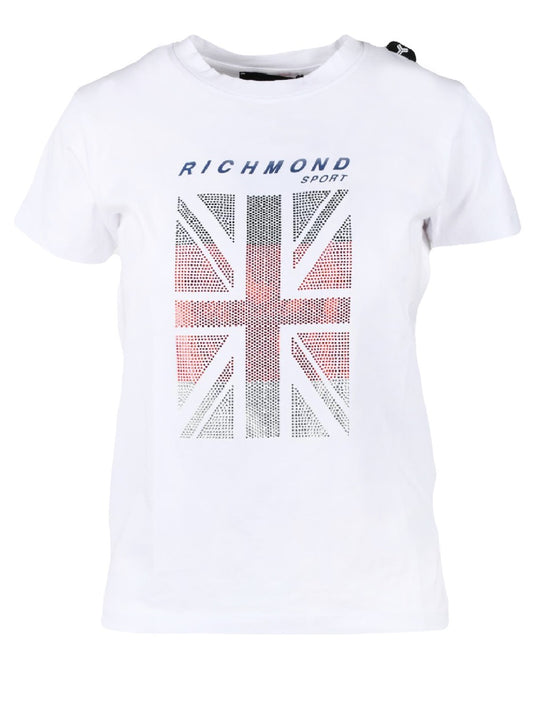 T-Shirt John Richmond modello UWP22015TS con logo blu, bianco e rosso a contrasto sul petto con brillantini.