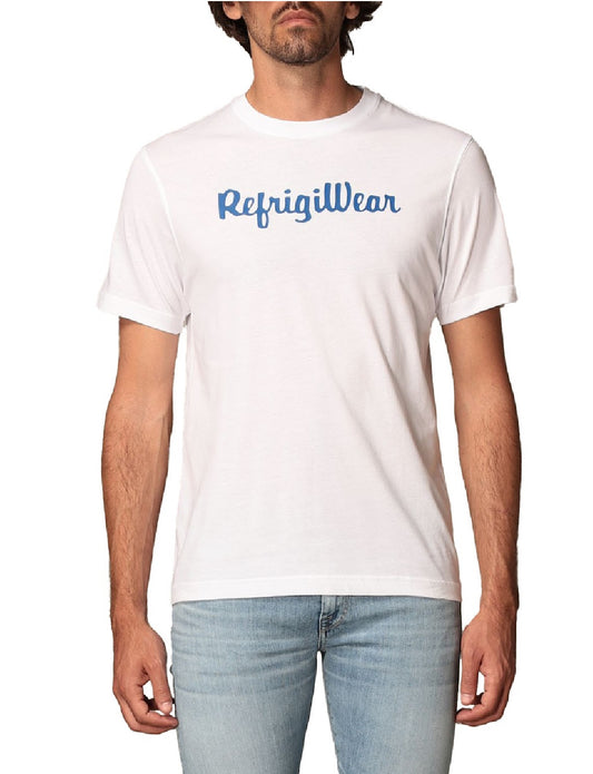 T-shirt RefrigiWear modello T22100JE9101 bianca con lettering del logo blu a contrasto.