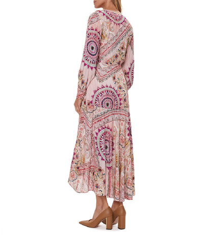 Vestido largo de mujer Guess modelo W3BK94WEX70 con escote en pico, manga larga, estampado, multicolor, con logotipo.