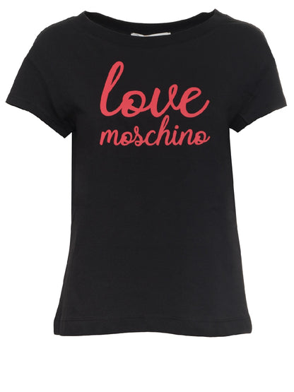 T-Shirt Love Moschino con stampa frontale e la scritta "love moschino" in un font corsivo e di colore rosso acceso