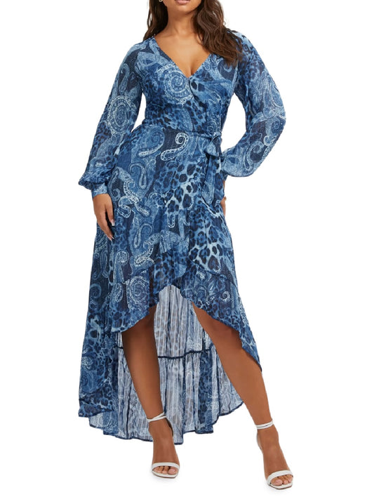 Abito Guess lungo con stampa paisley, scollo a v, manica lunga.